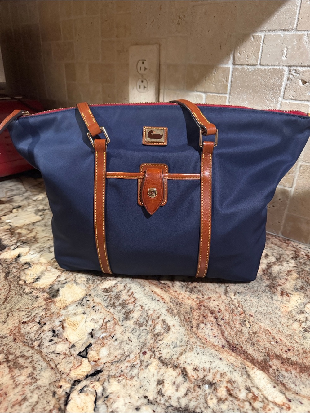 Dooney & Bourke Navy Toiletry Bag with Tan Leather Trim